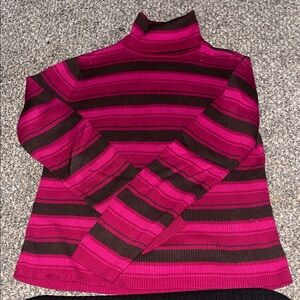 Petite Sophisticate Magenta and Black Striped Turtleneck Sweater